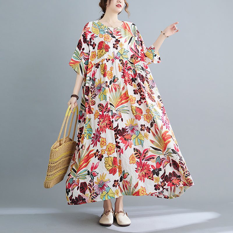 Plus Size Spring Summer Retro Floral Kortermet Bomullskjole