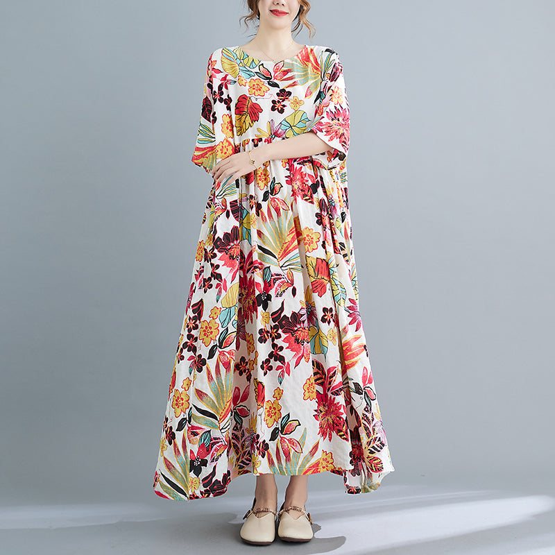 Plus Size Spring Summer Retro Floral Kortermet Bomullskjole