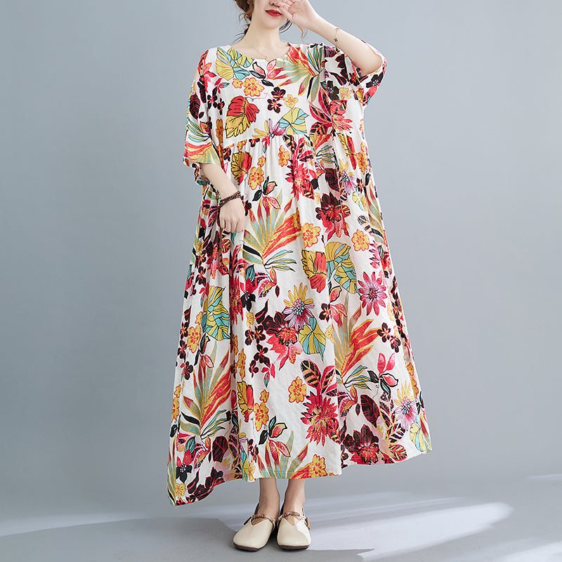 Plus Size Spring Summer Retro Floral Kortermet Bomullskjole