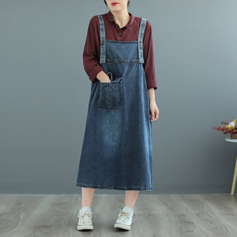 Plus Size Suspender Pocked Loose Denim Strap Dress