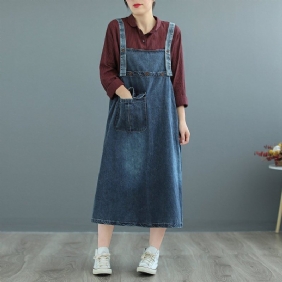 Plus Size Suspender Pocked Loose Denim Strap Dress