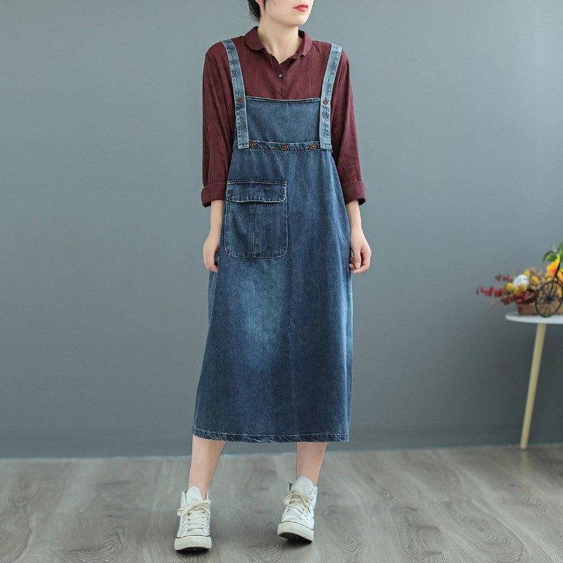 Plus Size Suspender Pocked Loose Denim Strap Dress