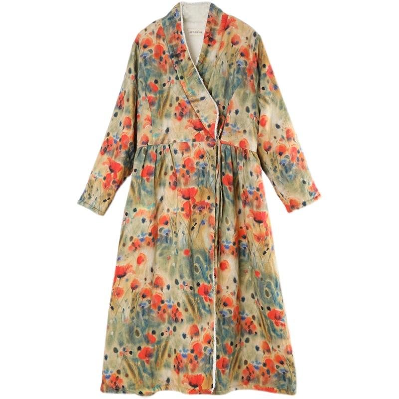 Plus Size Vinter Tykk Pels Retro Floral Printed Linen Dress