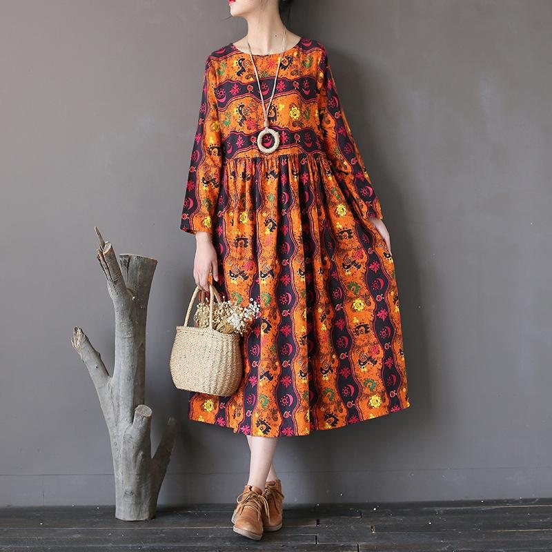 Retro Løs Totem Print Cotton Linen Dress