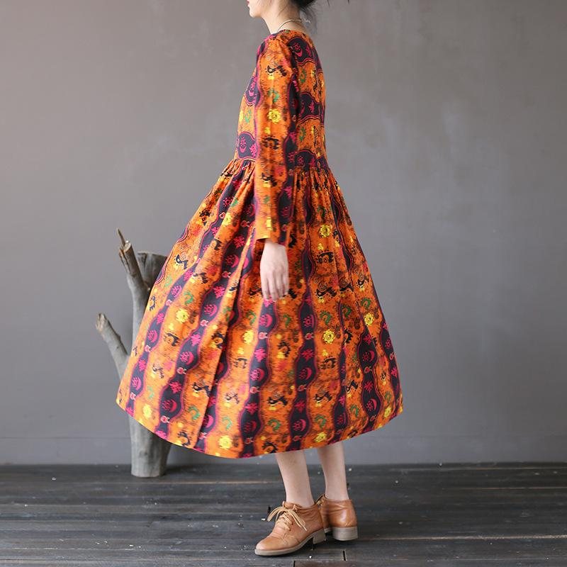 Retro Løs Totem Print Cotton Linen Dress