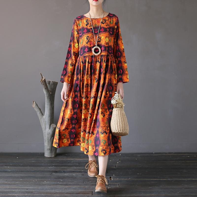 Retro Løs Totem Print Cotton Linen Dress