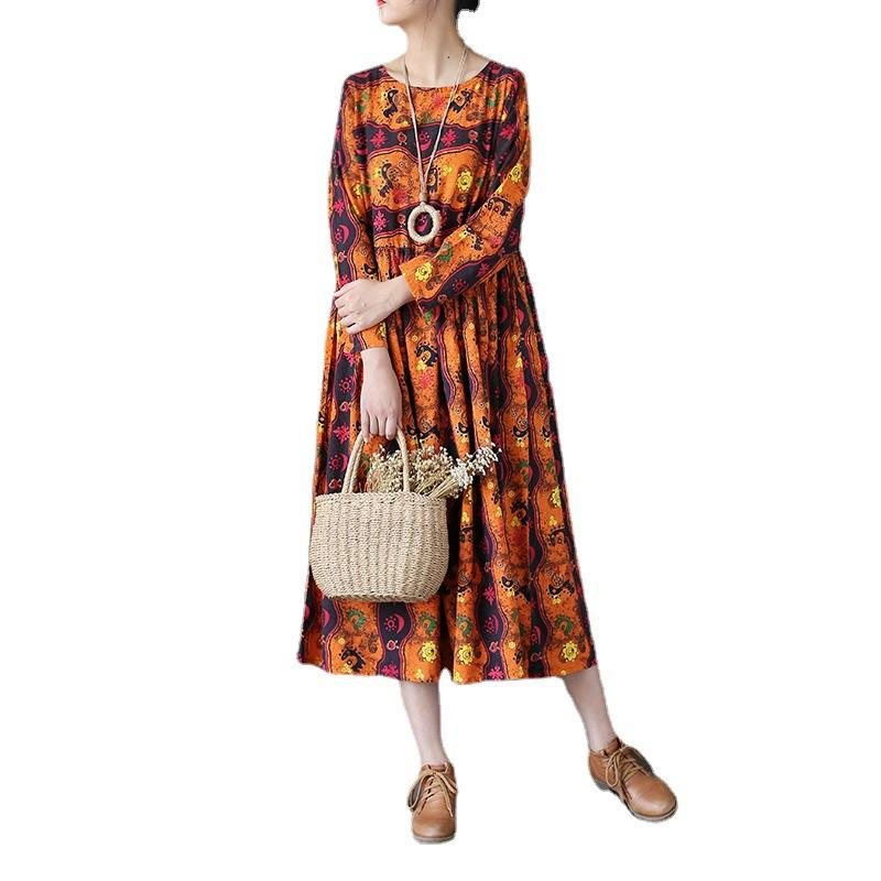 Retro Løs Totem Print Cotton Linen Dress