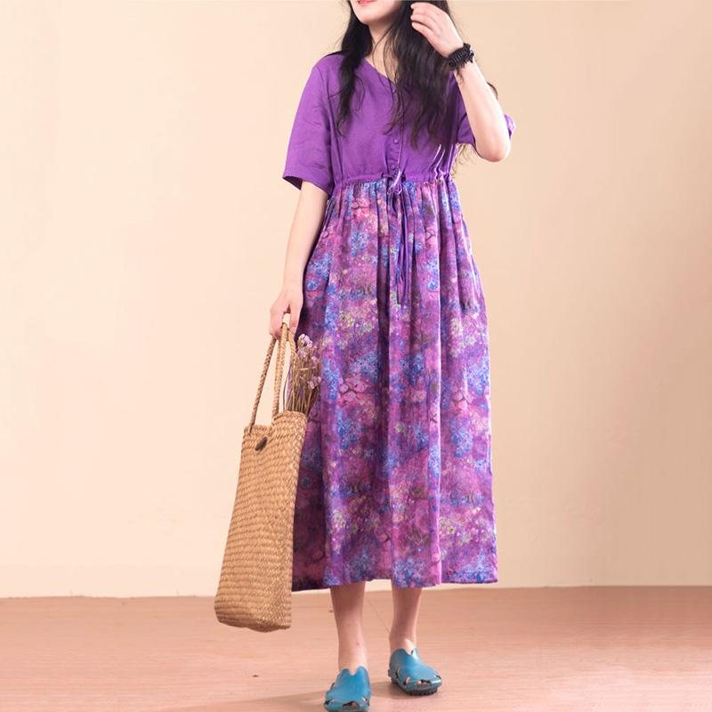 Rich Linen Floral Summer Dress Kortermet