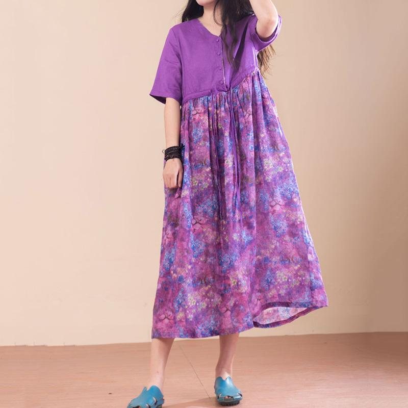 Rich Linen Floral Summer Dress Kortermet