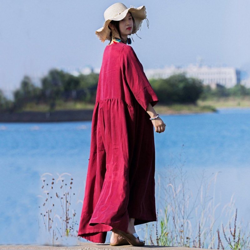 Ruched Dress I Natursilke Med V-hals - Vinrød