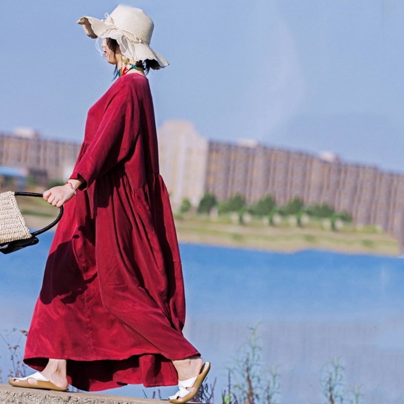 Ruched Dress I Natursilke Med V-hals - Vinrød