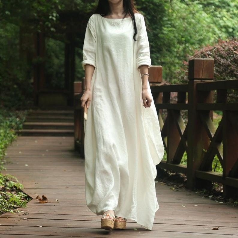 Solid Cocoon Ruched Rich Linen Maxi Dress