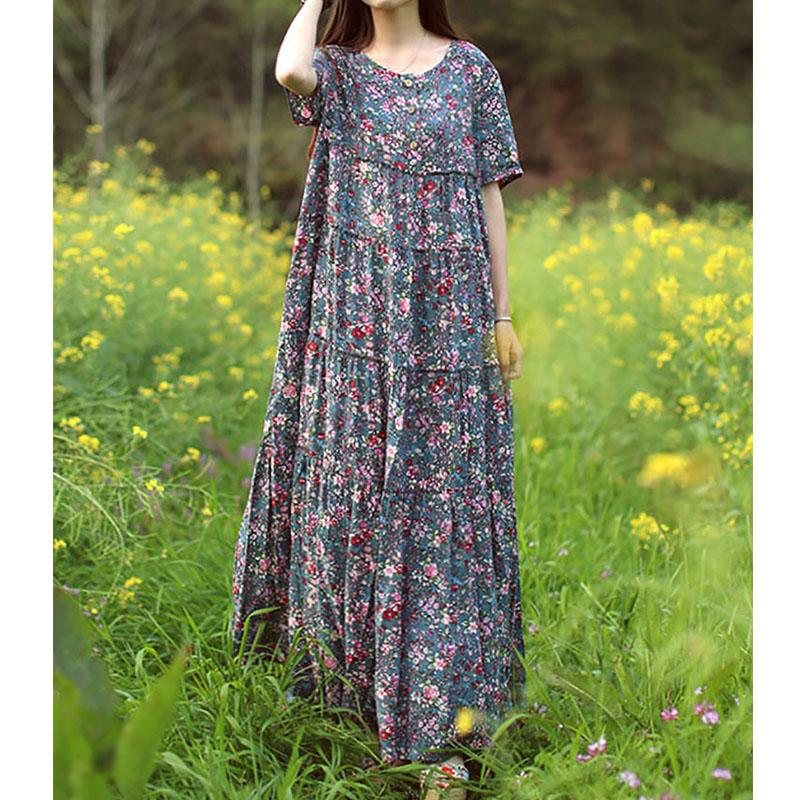 Sommer Boho Floral Loose Cotton Linen Dress