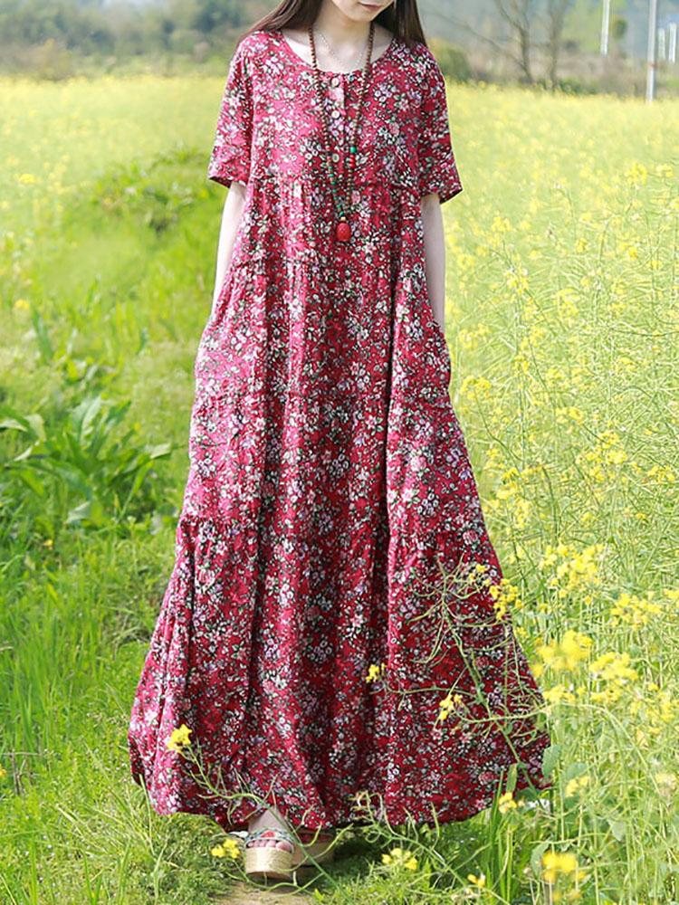 Sommer Boho Floral Loose Cotton Linen Dress