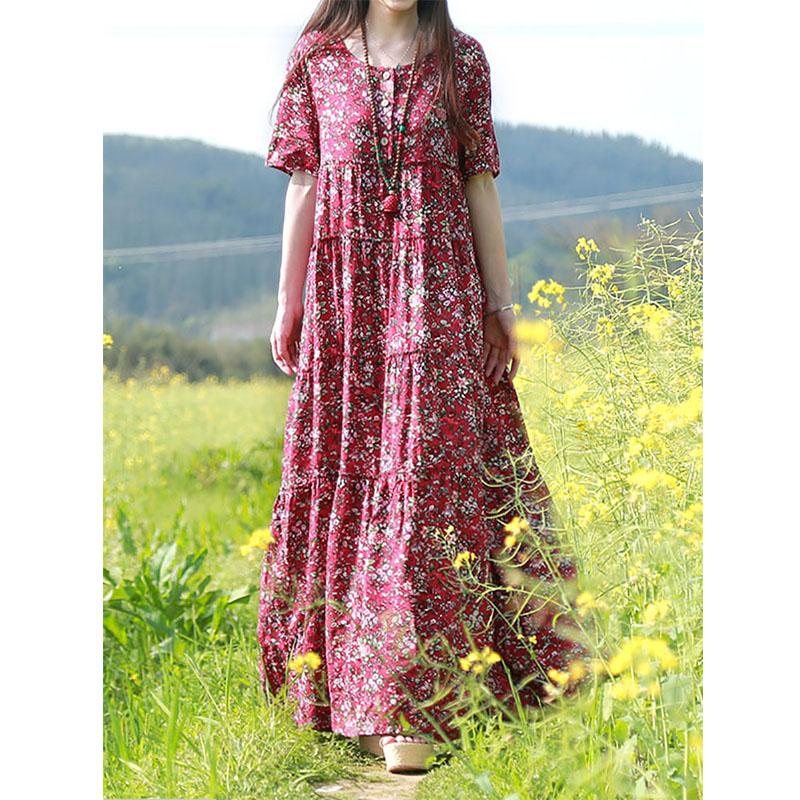 Sommer Boho Floral Loose Cotton Linen Dress