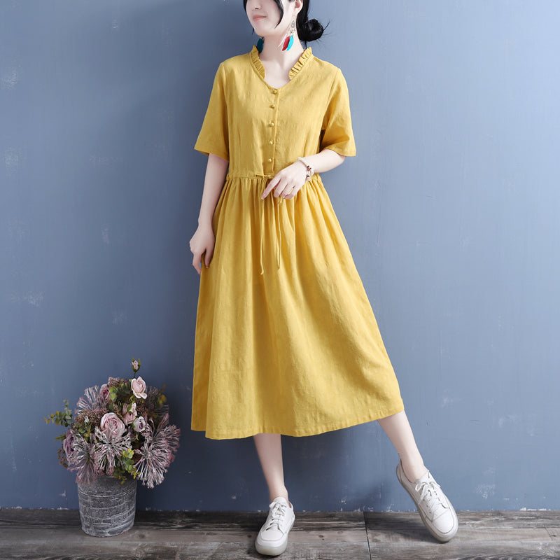 Sommer Bomull Lin Solid Vintage Ruffle Collar Dress