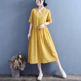 Sommer Bomull Lin Solid Vintage Ruffle Collar Dress