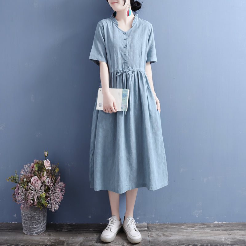 Sommer Bomull Lin Solid Vintage Ruffle Collar Dress