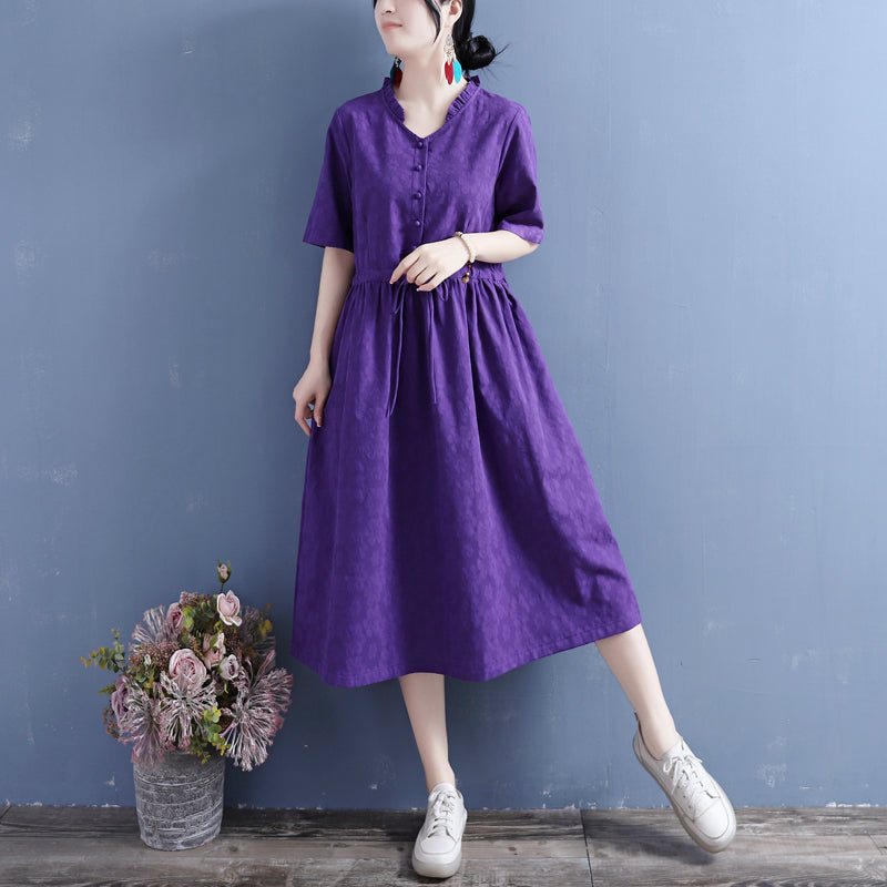 Sommer Bomull Lin Solid Vintage Ruffle Collar Dress