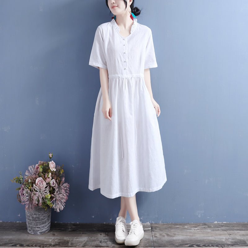 Sommer Bomull Lin Solid Vintage Ruffle Collar Dress