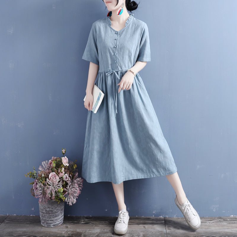 Sommer Bomull Lin Solid Vintage Ruffle Collar Dress