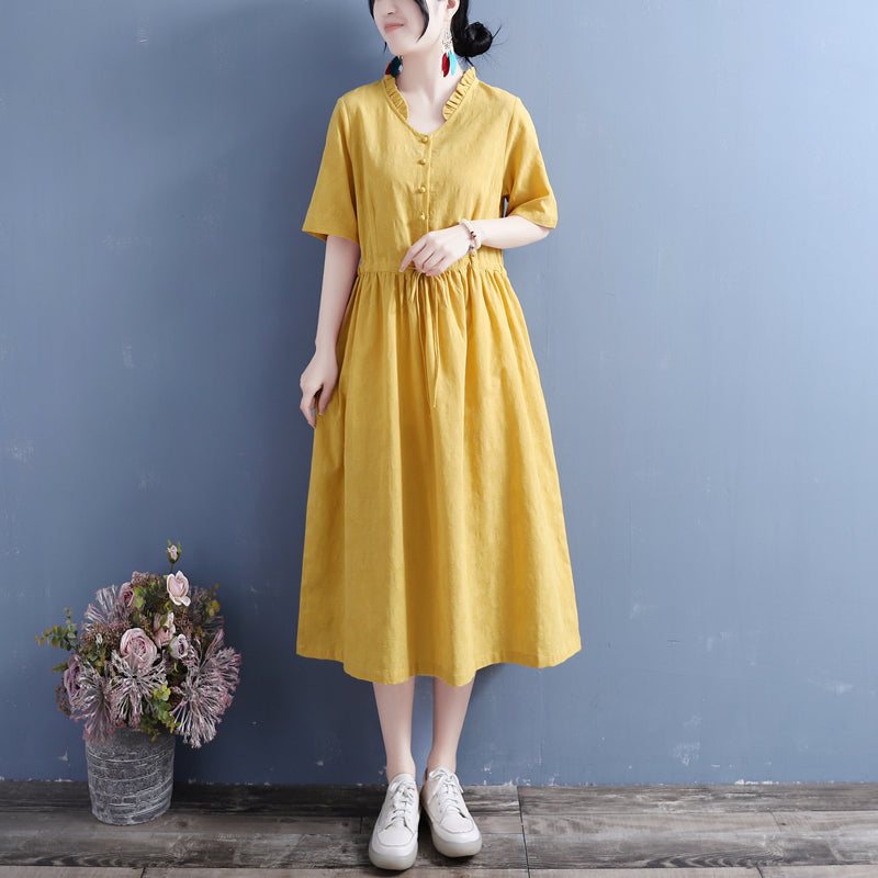 Sommer Bomull Lin Solid Vintage Ruffle Collar Dress