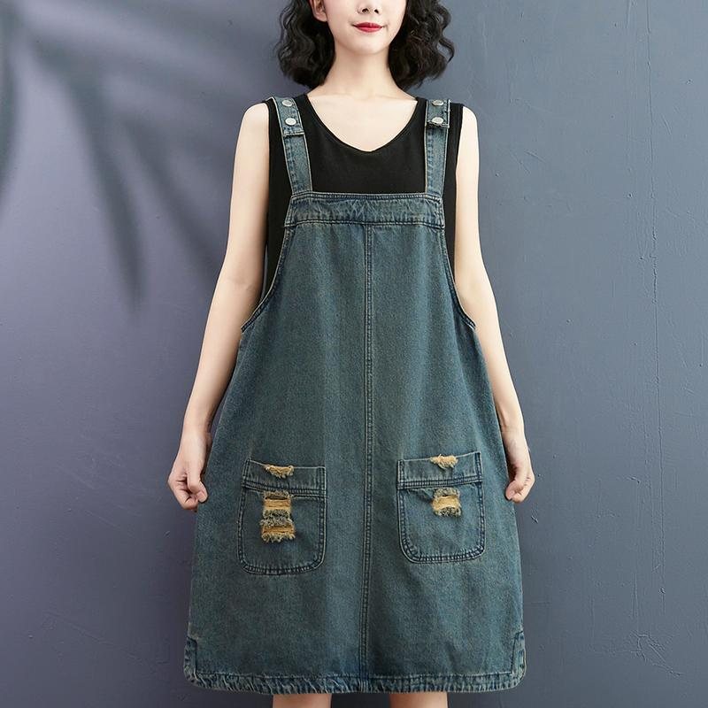 Sommer Løs Denim Mid-length Suspender Dress