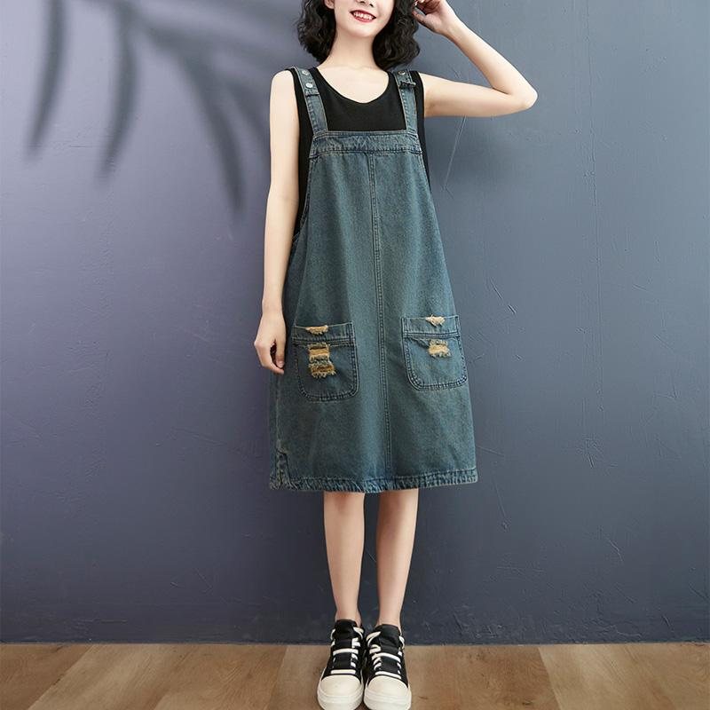 Sommer Løs Denim Mid-length Suspender Dress