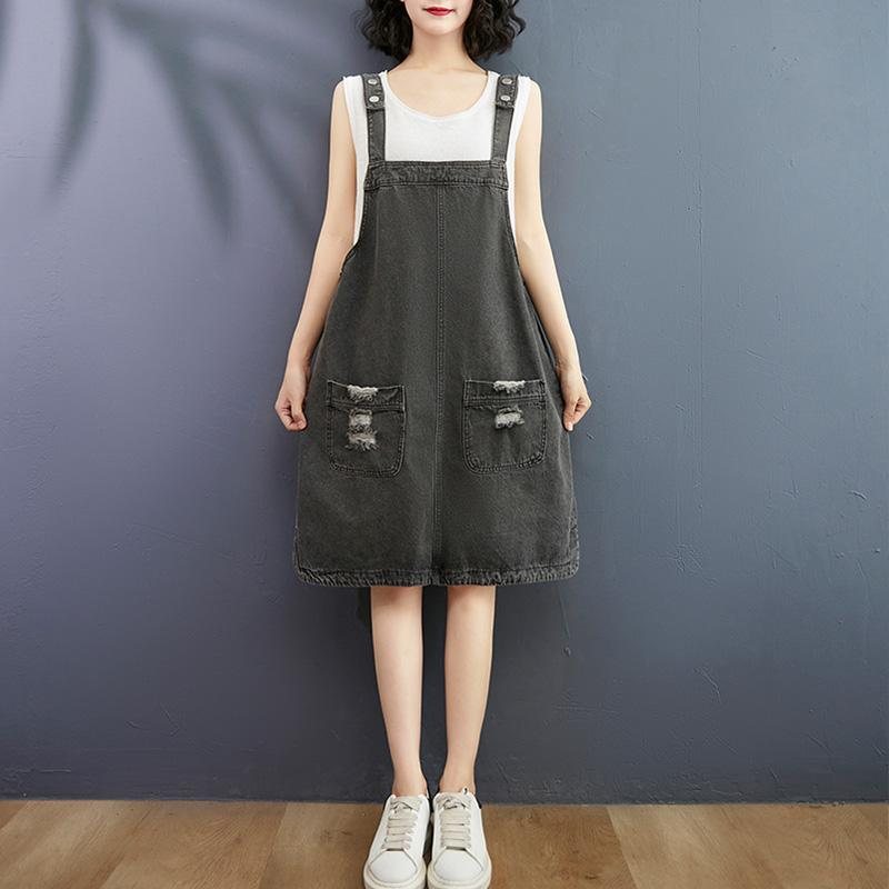 Sommer Løs Denim Mid-length Suspender Dress