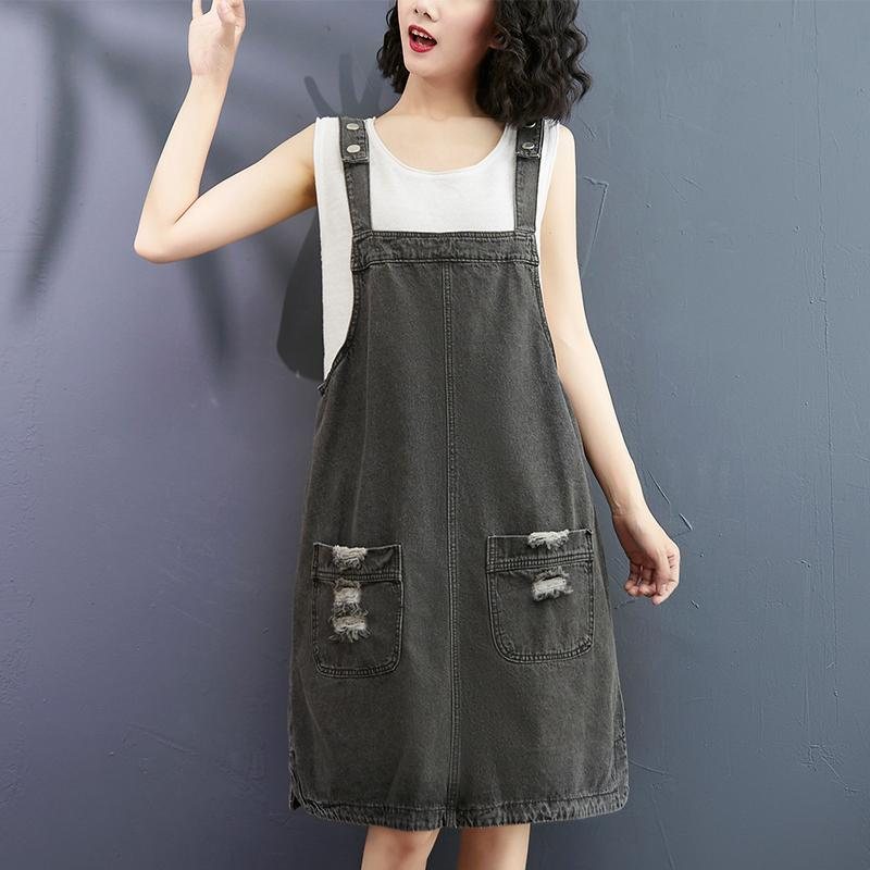 Sommer Løs Denim Mid-length Suspender Dress