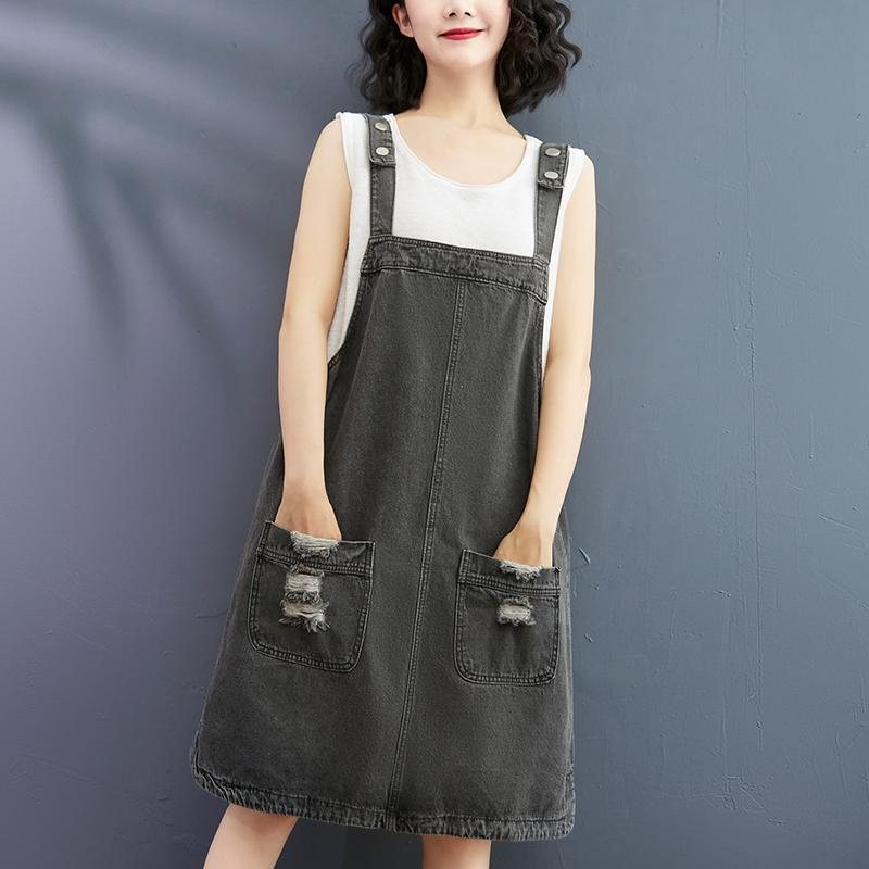 Sommer Løs Denim Mid-length Suspender Dress