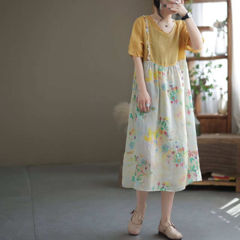 Sommer Løs Patchwork Floral Printed A-line Linen Dress