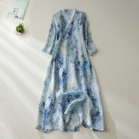 Sommer Løs Retro Bamboo Printed Linen Dress