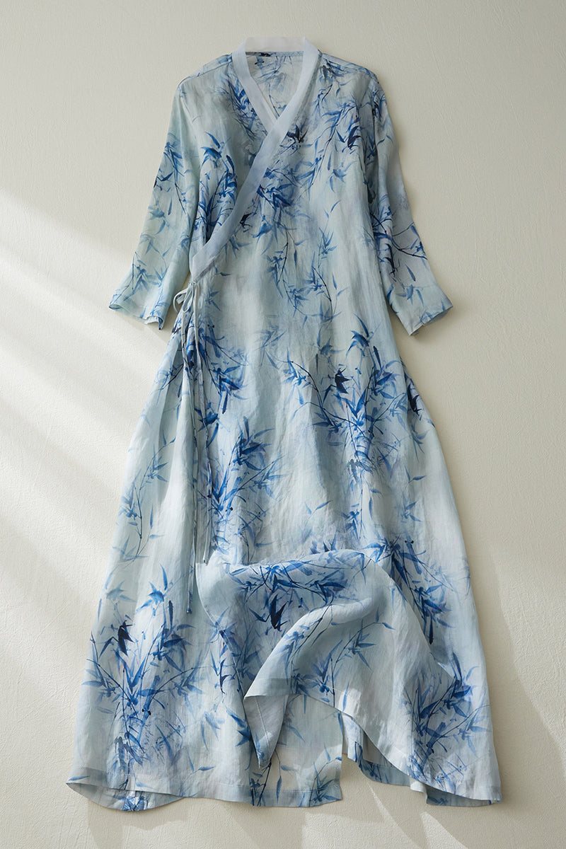 Sommer Løs Retro Bamboo Printed Linen Dress