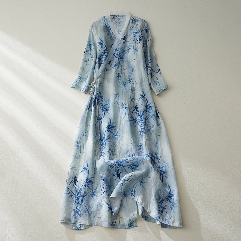 Sommer Løs Retro Bamboo Printed Linen Dress