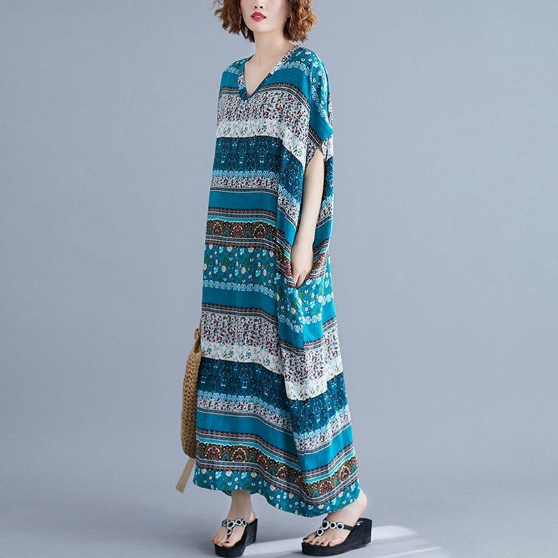 Sommer Løs V-hals Printed Maxi Dress