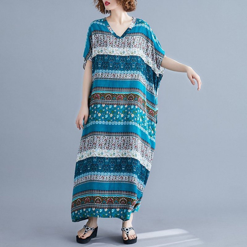 Sommer Løs V-hals Printed Maxi Dress