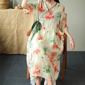 Sommer Løs Vintage Printed Linen Dress