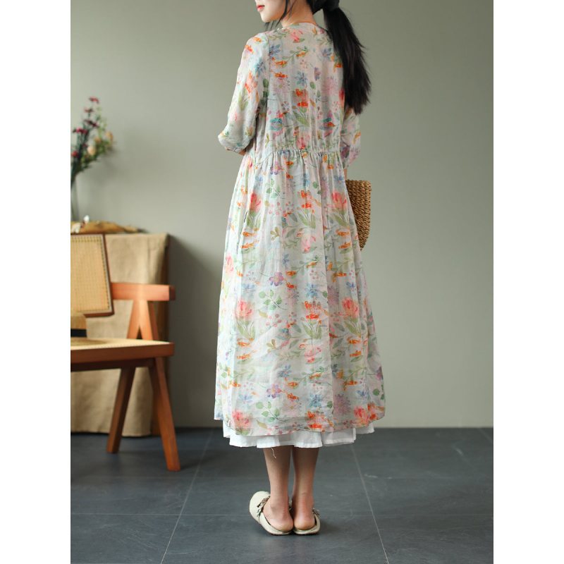 Sommer Løs Vintage Printed Linen Dress