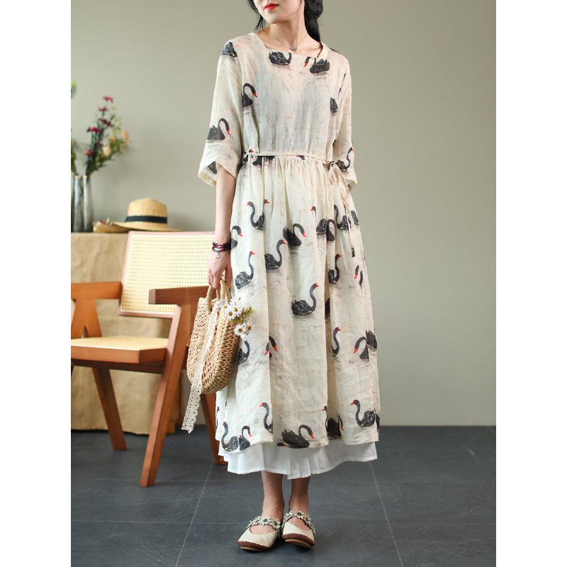 Sommer Løs Vintage Printed Linen Dress