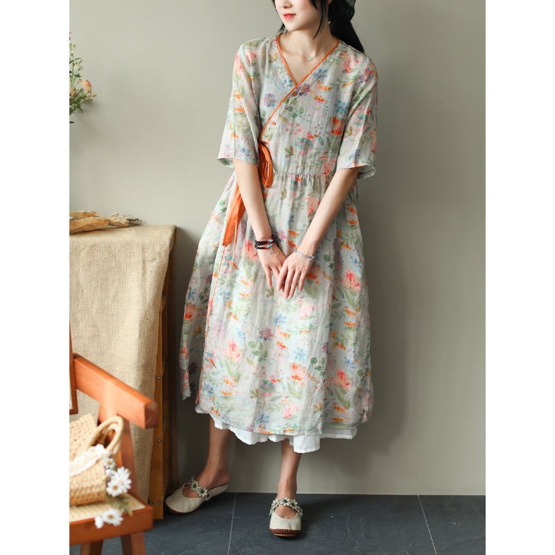 Sommer Løs Vintage Printed Linen Dress