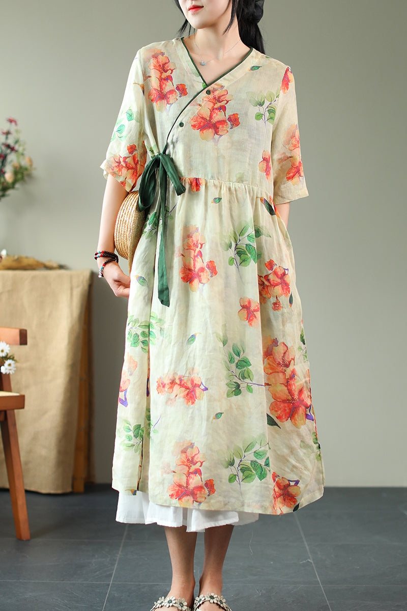 Sommer Løs Vintage Printed Linen Dress