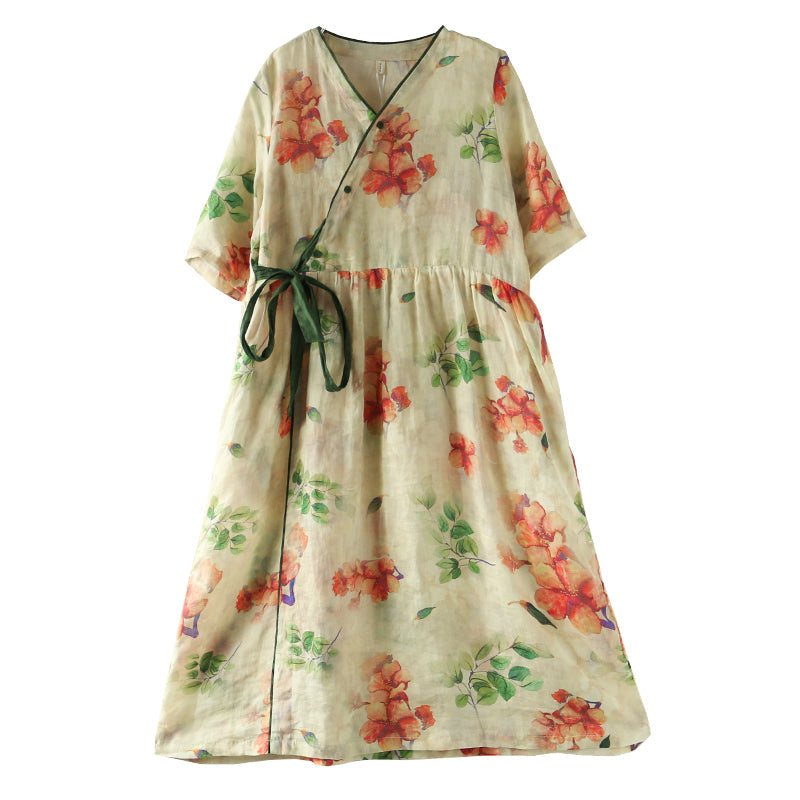 Sommer Løs Vintage Printed Linen Dress