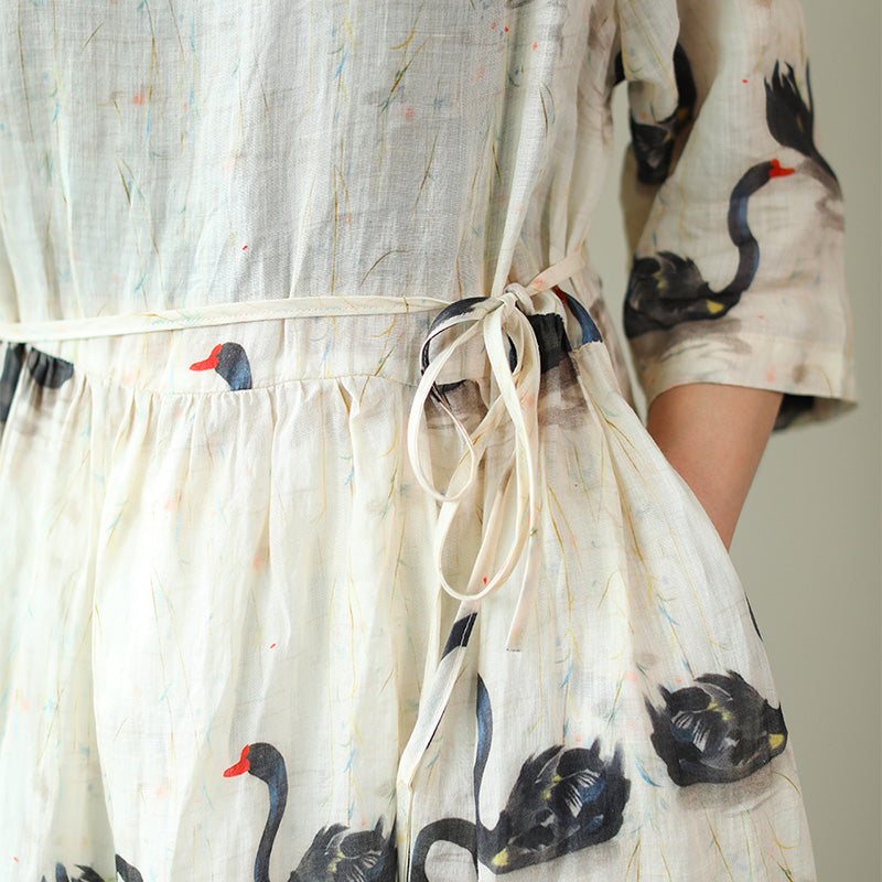 Sommer Løs Vintage Printed Linen Dress