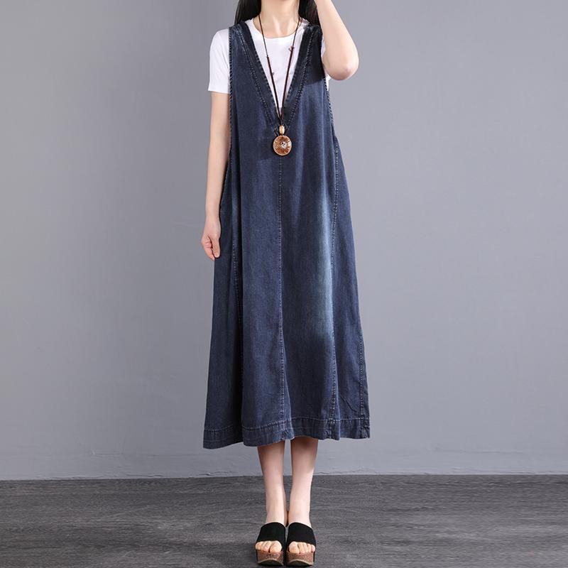 Sommer V-hals Parchwork Pullove Cotton Denim Dress