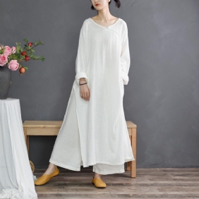 Split Collar Løs Linen Shirt Dress