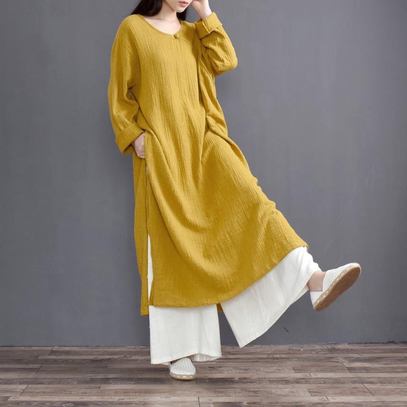 Split Collar Løs Linen Shirt Dress