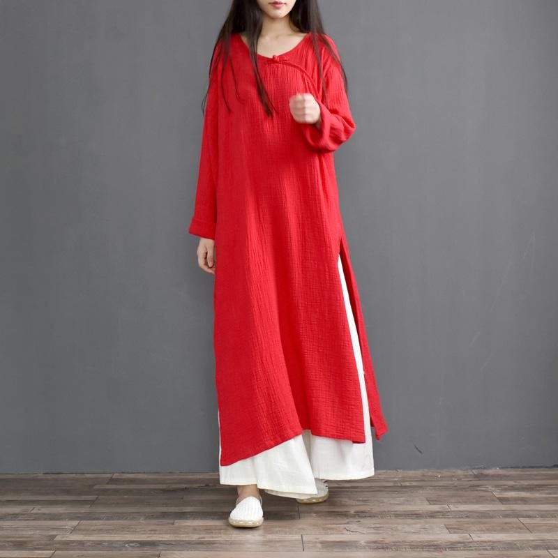 Split Collar Løs Linen Shirt Dress