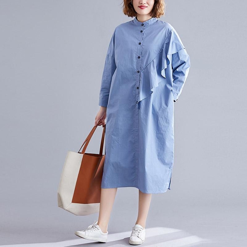 Spring Langermet Ruffle Blue Shirt Dress