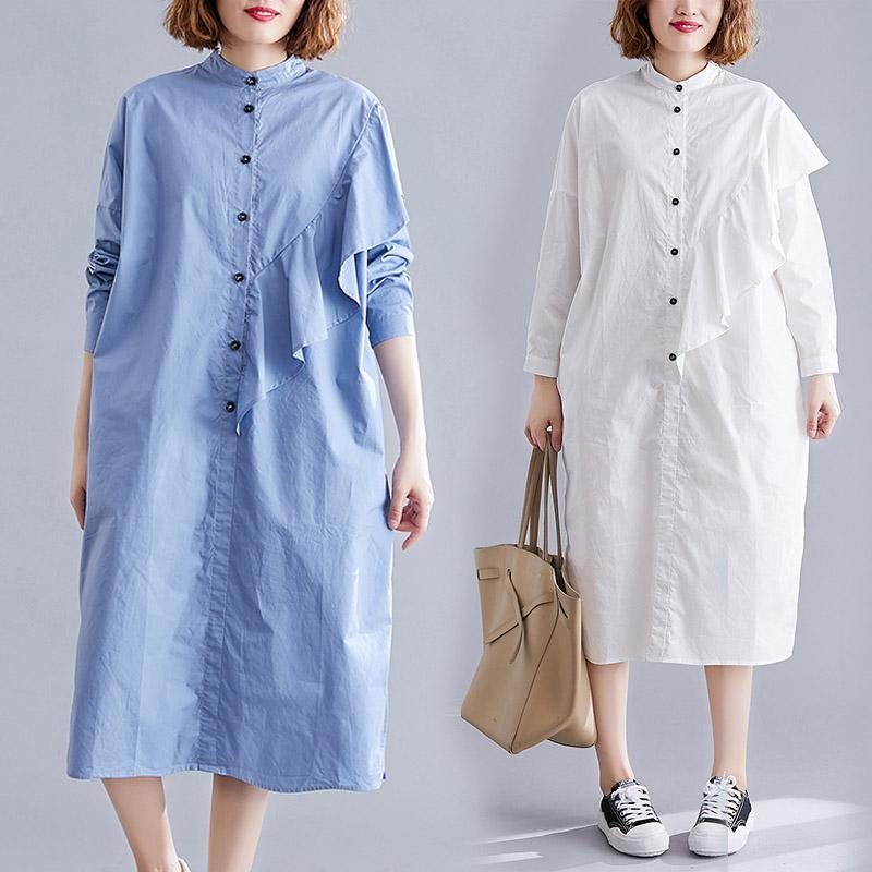 Spring Langermet Ruffle Blue Shirt Dress